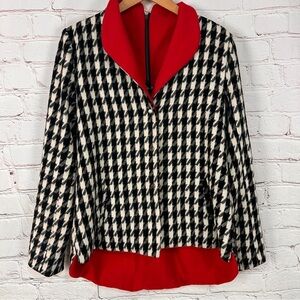 Women’s Black White Houndstooth Jacket pea coat Red fleece lining size small